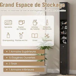 Colonne WC avec 2 Portes 1 Tiroir 5 Etageres Reglables Anti-basculement Meuble Colonne pour Petits Espaces 20x20x180cm
