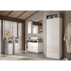 Commode de salle de bains BURA 3 tiroirs L35 cm Blanc brillant laqué et gris aspect béton