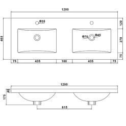 Double lavabo blanc 120x46.5x17.5 cm, Lavabo rectangulaire en marbre artificiel, AICA SANITAIRE