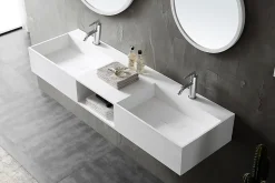 Double vasque murale 150x45x20cm en fonte minérale - blanc mat - TWG235