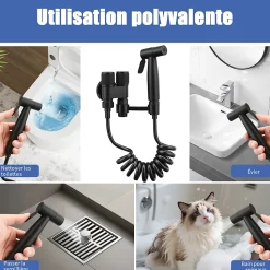 Douchette de bidet pour toilettes en acier inoxydable, 1-en-2 sorties, double commande, robinet et tuyau, pour toilettes, animaux