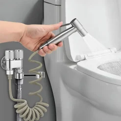 Douchette de bidet pour toilettes, 1-en-2 sorties, double commande, robinet et tuyau, animaux et nettoyage salle de bain, Argent