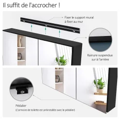 EMKE Armoire de toilette murale avec miroir double face - 85x65 cm- Noir mat - Fermeture douce - Tablettes en verre réglables