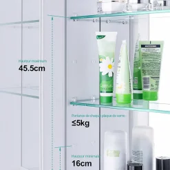 EMKE Armoire de toilette murale - Miroir double face, blanc mat - 75 x 65 cm - Fermeture douce - Tablettes en verre réglables