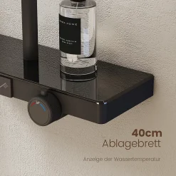 EMKE Colonne de douche avec thermostat Télécommande Douche pluie étagère en verre avec des enfants porte douchette noir