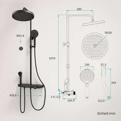 EMKE Colonne de douche avec thermostat Télécommande Douche pluie étagère en verre avec des enfants porte douchette noir