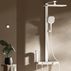 EMKE Colonne de douche avec thermostat Télécommande Douche pluie étagère en verre avec des enfants porte douchette blanc