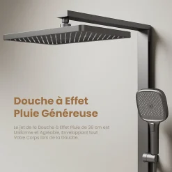 EMKE Colonne de douche avec thermostat Télécommande Douche pluie étagère en verre avec des enfants porte douchette anthracite