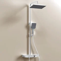 EMKE Colonne de douche Thermostat, 36 x 14 cm étagères en verre, 3 types de jets, douche à effet pluie, Certification KTW, Chrome