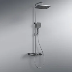 EMKE Colonne de douche Thermostat avec étagères en verre, 3 types de jets, douche à effet pluie, Anthracite