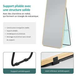 EMKE Grand miroir intégral avec cadre en aluminium doré, 160 x 60 cm, sur pied ou mural