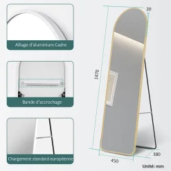 EMKE Grand miroir intégral avec cadre en aluminium doré, 147 x 45 cm, sur pied ou mural
