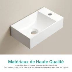 EMKE Lavabo Mural en Céramique 38x22x10cm, Blanc Brillant, Vasque Murale Carrée avec Trou pour Robinet