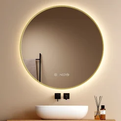 EMKE LED Miroir lumineux salle de bain rond 80cm Cadre Doré, Anti-buée, Horloge et Temperature, Lumière Neutre