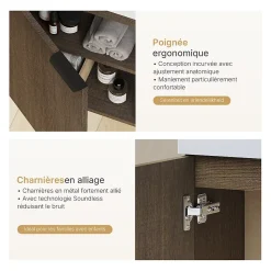 EMKE Meuble de Salle de Bain Murale, Vasque Blanche, Finition Chêne Fumé, Étagère réglable, Portes Soft-Close, Design Moderne