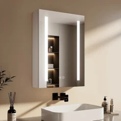 EMKE Meuble de Salle de Bain avec Miroir, Porte Soft-Close, LED Réglable, Prise USB, Anti-Buée, Charnière Gauche