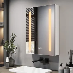 EMKE Meuble de Salle de Bain avec Miroir, Porte Soft-Close, LED Réglable, Prise USB, Anti-Buée, Charnière Gauche