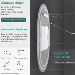 EMKE Miroir lumineux salle de bain ovale 80x60cm, Interrupteur Tactile, Anti-buée, LED éclairage Lumière Froide/Chaude/Neutre