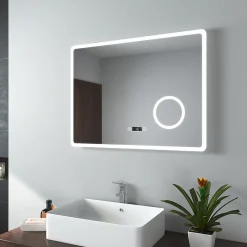 EMKE Miroir lumineux salle de bain 80x60cm,Interrupteur Tactile, Anti-buée, 3x Grossissement, Horloge,LED Lumière Blanche Froide
