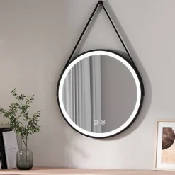EMKE Miroir lumineux salle de bain rond 60cm cadre noir, Sangle réglable, Interrupteur Tactile, LED Lumière Froide/Chaude/Neutre