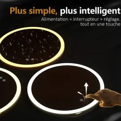 EMKE Miroir lumineux salle de bain rond diamètre 80cm, Miroir LED avec Interrupteur Tactile, Anti-buée, 3 couleurs de Lumières