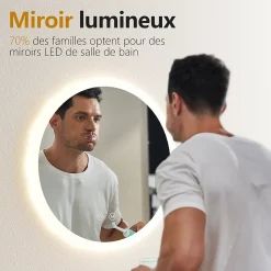 EMKE Miroir lumineux salle de bain rond diamètre 50cm, Miroir LED avec Interrupteur Tactile, Anti-buée, 3 couleurs de Lumières