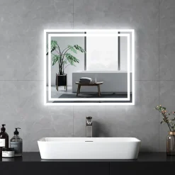 EMKE Miroir lumineux salle de bain 60x50cm,Miroir LED avec Interrupteur à bouton,Anti-buée,éclairage lumière Blanche Froide/Chaude