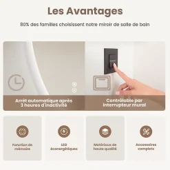 EMKE Miroir Salle de Bain avec Éclairage 80x60cm,Asymétrique,Interrupteur Tactile, 3 Couleurs de LED Lumière Réglables, Anti-Buée