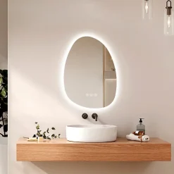 EMKE Miroir salle de bain avec éclairage, asymétrique, anti-buée, interrupteur tactile, 3 couleurs de lumière réglable, 65 x 45 cm