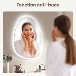 EMKE Miroir salle de bain avec éclairage, asymétrique, anti-buée, interrupteur tactile, 3 couleurs de lumière réglable, 65 x 45 cm