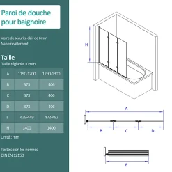 EMKE Pare de baignoire en 6 mm verre securit Paroi de douche pliable pour baignoire, 130x140cm,Revêtement Nano facile à nettoyer