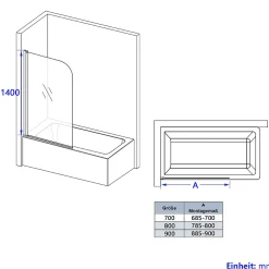 EMKE Pare de baignoire en 6 mm verre securit Paroi de douche pour baignoire 70 x 140 cm Revêtement Nano facile à nettoyer
