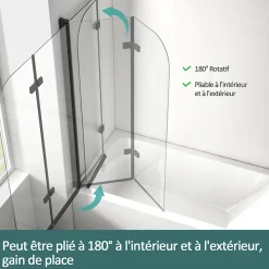 EMKE Pare-baignoire paroi de douche pour baignoire noir mat 2 parties pliable 100x140cm pare-baignoire 6mm NANO GLASS