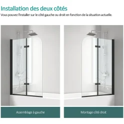EMKE Pare-baignoire paroi de douche pour baignoire noir mat 2 parties pliable 100x140cm pare-baignoire 6mm NANO GLASS
