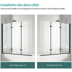 EMKE Pare-baignoire paroi de douche pour baignoire noir mat 3 parties pliable 120x140cm pare-baignoire 6mm NANO GLASS