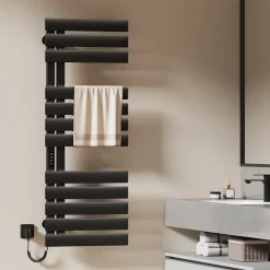 EMKE Radiateur sèche-serviettes électrique salle de bain avec thermostat, panneau chauffant, minuterie, 130x50 cm, 450W, noir mat