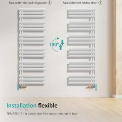 EMKE Sèche-serviette eau chaude à raccord latéral, radiateur sèche-serviettes blanc 174 x 60 cm, 782 W