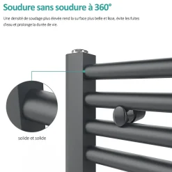 EMKE Sèche-serviette eau chaude, Radiateur sèche-serviettes raccordement central Anthracite 180x50cm 739Watts