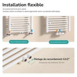 EMKE Sèche-serviette eau chaude, Radiateur sèche-serviettes raccordement central Blanc 180x40cm 618Watts
