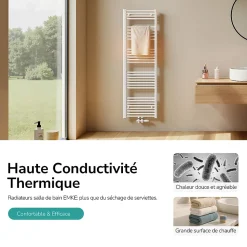 EMKE Sèche-serviette eau chaude, Radiateur sèche-serviettes raccordement central Blanc 160x50cm 654Watts