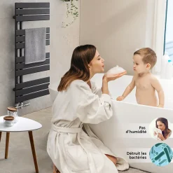 EMKE Sèche-Serviettes à Eau Chaude 160x40 cm Flat Panel Noir Mat Élégant 684W