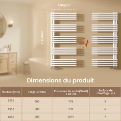 EMKE Sèche-Serviettes à Eau Chaude Design Rond, Chauffe-Serviettes Mural Blanc 1660x600mm 1075W