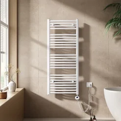 EMKE Sèche-serviettes électrique avec thermostat 120 x 50 cm, radiateur de salle de bain incurvé, blanc brillant, 500 watts