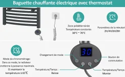 EMKE Sèche-serviettes électrique avec thermostat 140 x 60 cm, radiateur de salle de bain incurvé, gris anthracite, 600 watts