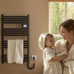 EMKE Sèche-Serviettes Électrique 750 x 400 mm,Porte-serviettes de salle de bain avec interrupteur tactile et minuterie,Noir,180W