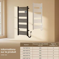 EMKE Sèche-Serviettes Électrique 750 x 400 mm,Porte-serviettes de salle de bain avec interrupteur tactile et minuterie,Noir,180W