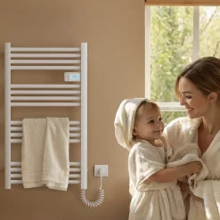 EMKE Sèche-Serviettes Électrique 1200 x 400 mm,Porte-serviettes de salle de bain avec interrupteur tactile et minuterie,Blanc,450W