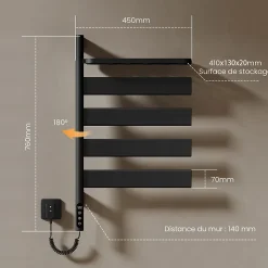 EMKE Sèche-serviettes électrique, rotatif à 180, 76 x 45 cm, sèche-serviettes et radiateur pour salle de bain, Noir mat