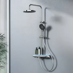 EMKE Système de Douche avec Thermostat, Chrome, Éclairage LED, Douche à Effet Pluie, 3 Modes de Jet, Bec de Sortie Inférieur