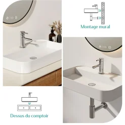 EMKE Vasque à Poser en céramique 40x40x11cm, Lavabo Carré avec robinet trou prépercé, Lavabo à poser blanc brillant